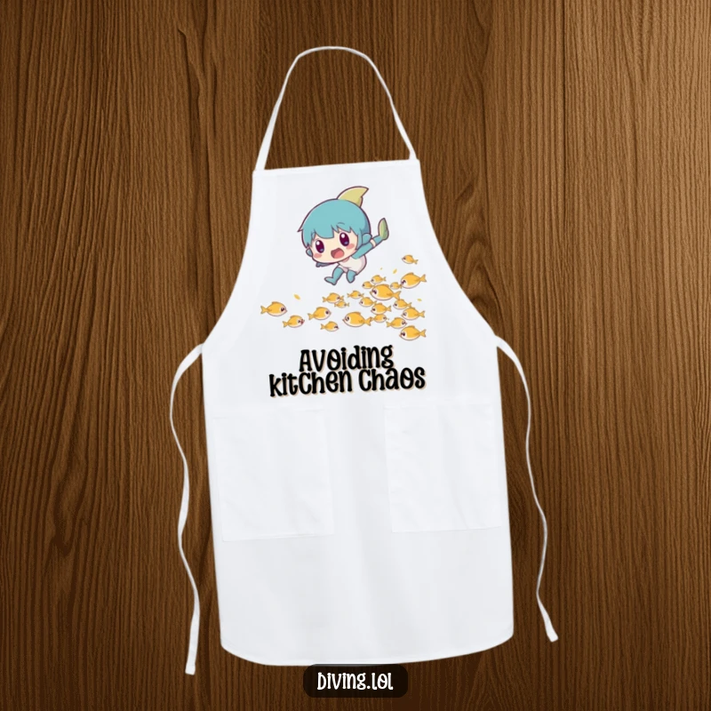 Funny apron featuring a character in a surprised leap, playfully dodging a school of tiny fish.