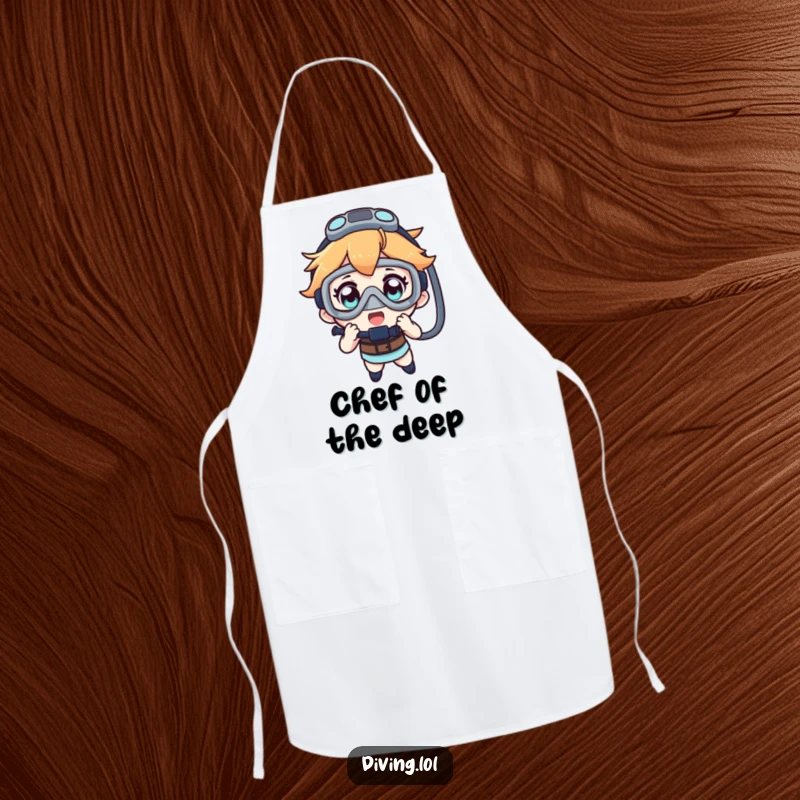 Funny apron showing a character’s amazed expression while looking at a dive mask, ready for kitchen fun.
