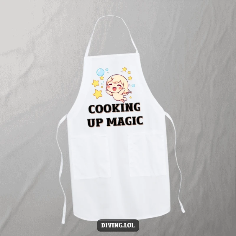 Funny apron with a cute character joyfully blowing underwater star-shaped bubbles, perfect for a magical cook.