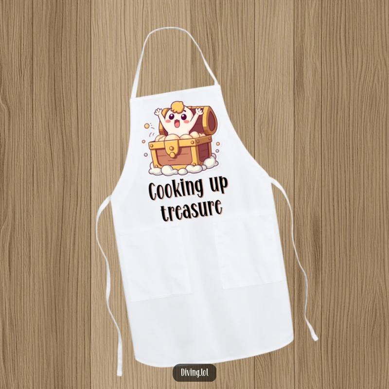 Funny apron featuring a surprised character bursting from a bubbling treasure chest, adding humorous surprise to kitchen tasks.