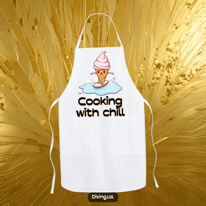 Funny apron showcasing a determined ice cream cone character surfing a melting puddle, ideal for kitchen protection and humor.