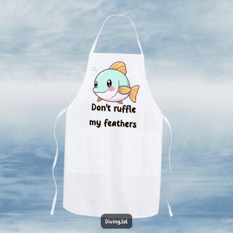 Funny apron showing a character dodging a playful fish, ideal for chefs who appreciate a bit of aquatic humor.