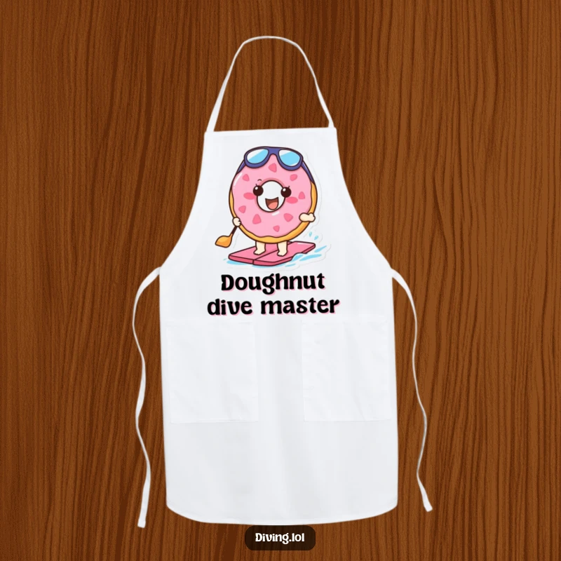 Funny apron showcasing a happy doughnut character with flippers, paddling along, perfect for adding humor to cooking.