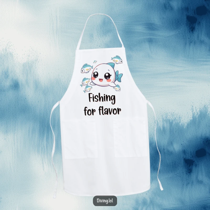 Funny Tiny Fish Chaser Apron showing a delighted character chasing fish while cooking, adding humor to kitchen tasks.