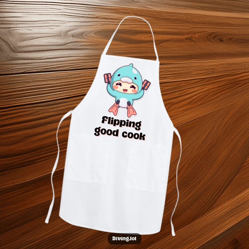 Funny apron showing a character comically swimming with flippers, a humorous and practical kitchen accessory.
