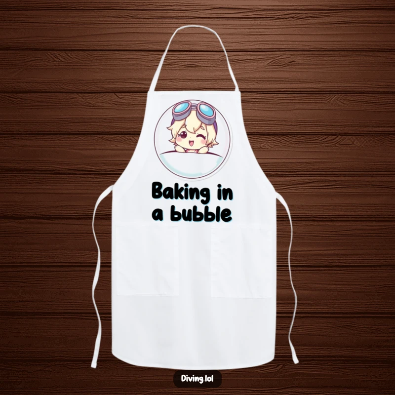 Funny apron with a cute character emerging from a bubble, goggles askew, smiling brightly, ideal for a fun-loving cook.