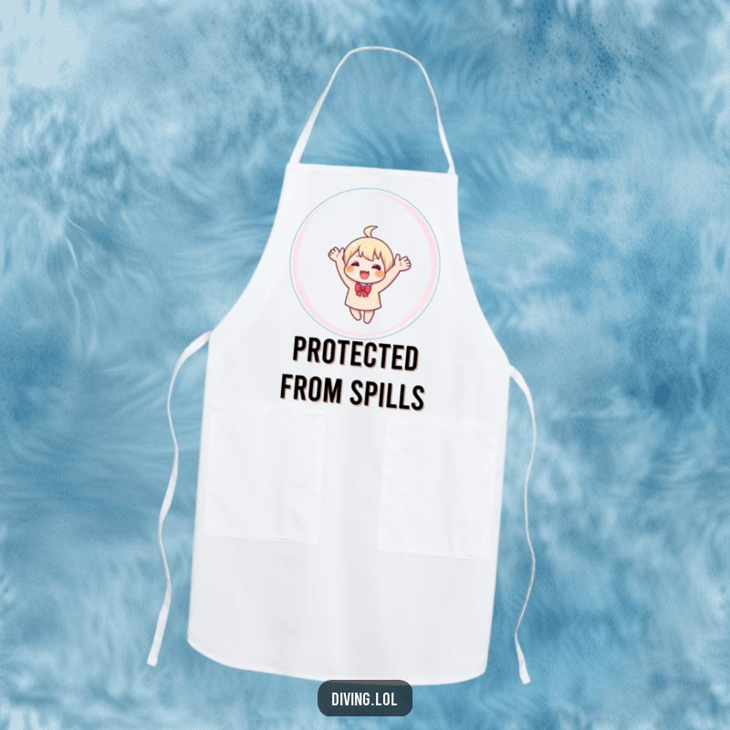 Funny apron featuring a character waving from inside a large bubble, making cooking a more humorous experience.