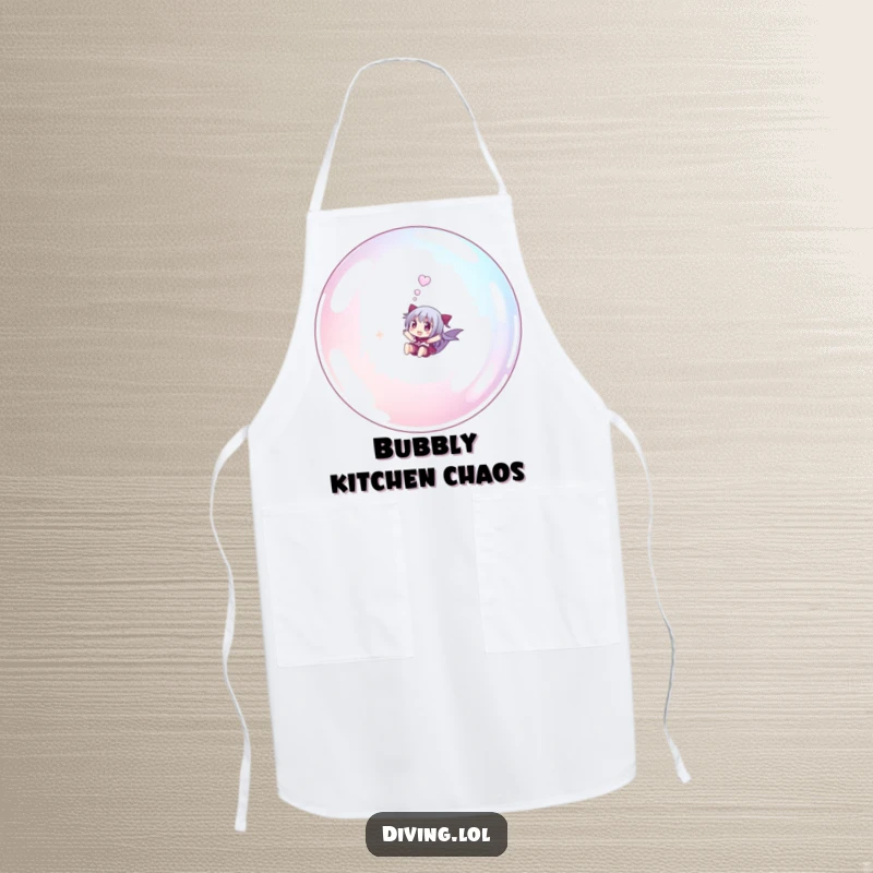 Funny small character apron, humorously riding a giant bubble underwater, a practical and funny kitchen accessory.