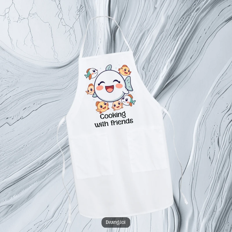 Funny bubbly icon apron, hilariously laughing surrounded by curious fish, a practical and funny kitchen accessory.