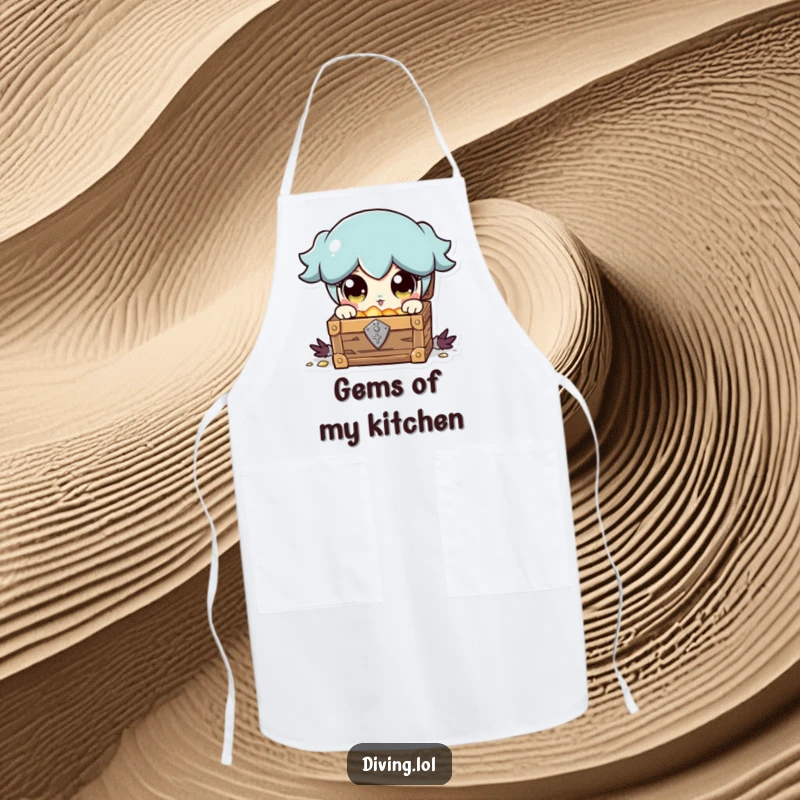 Funny apron depicting a character with wide, shining eyes finding a treasure chest, ideal for a joyful cooking experience.