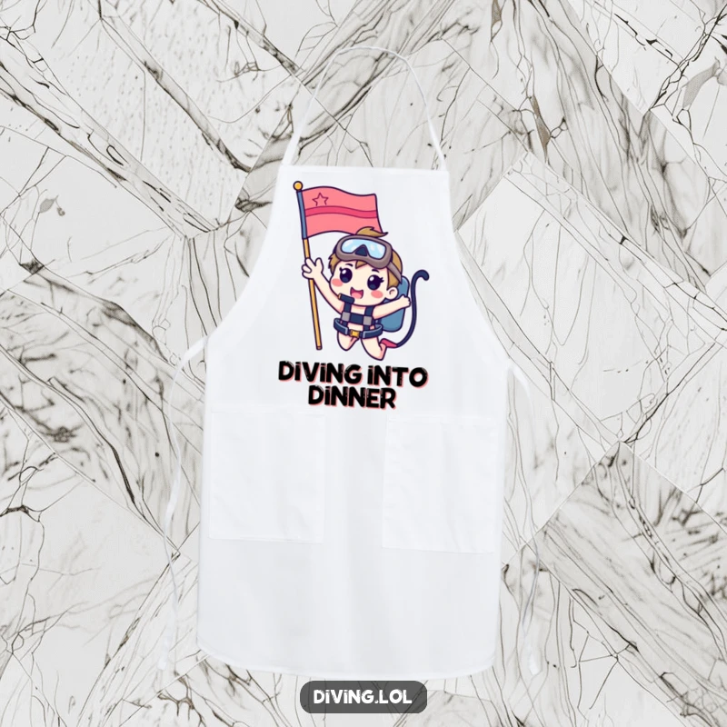 Funny apron featuring a cute character waving from a dive flag, adding cheerful underwater vibes to kitchen tasks.