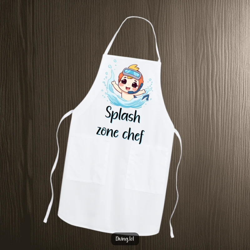 Funny apron showing a diver character splashing, a humorous and practical accessory for any cook.