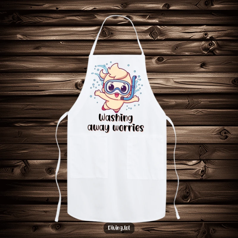 Funny cute character apron, hilariously making a big splash while diving with a snorkel, a fun kitchen accessory.