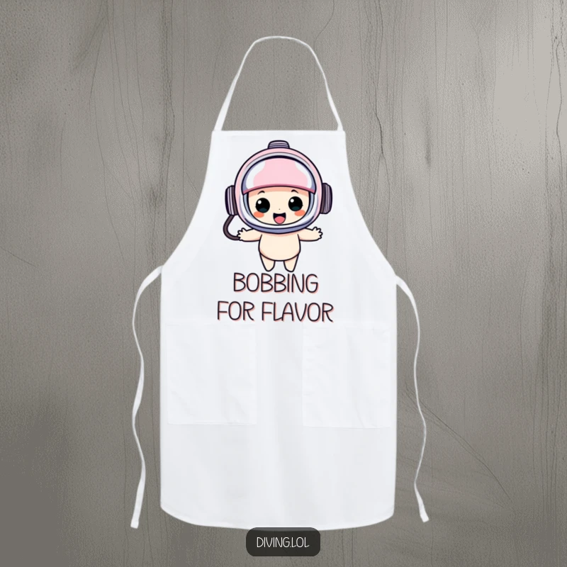 Funny diving helmet apron showing a character in an oversized helmet, bobbing happily, ready to add fun and protection to any kitchen task.