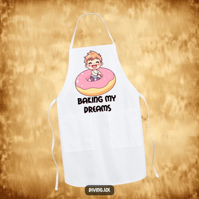 Funny apron showing a joyful character with a gleeful grin, riding a giant inflatable donut, suggesting a playful and sweet approach to cooking.