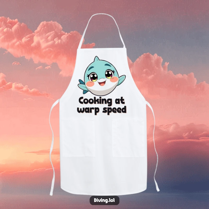 Funny apron with a character with wide, excited eyes, swimming rapidly with a playful grin, ready for the kitchen.