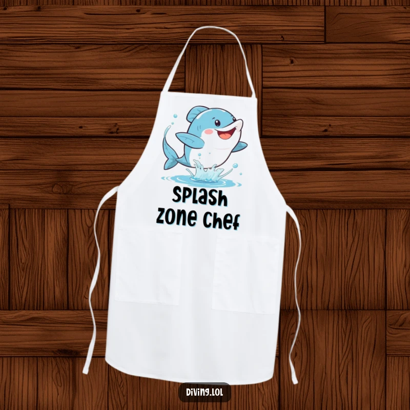 Funny fins apron showing a character gleefully kicking their fins, sending a spray of water, ready to add fun and protection to any kitchen task.