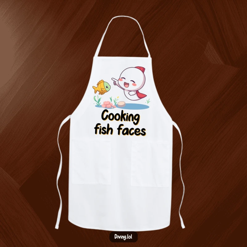Funny fish pointer apron showing an excited character pointing at a nearby swimming fish, ready to add fun and protection to any kitchen task.