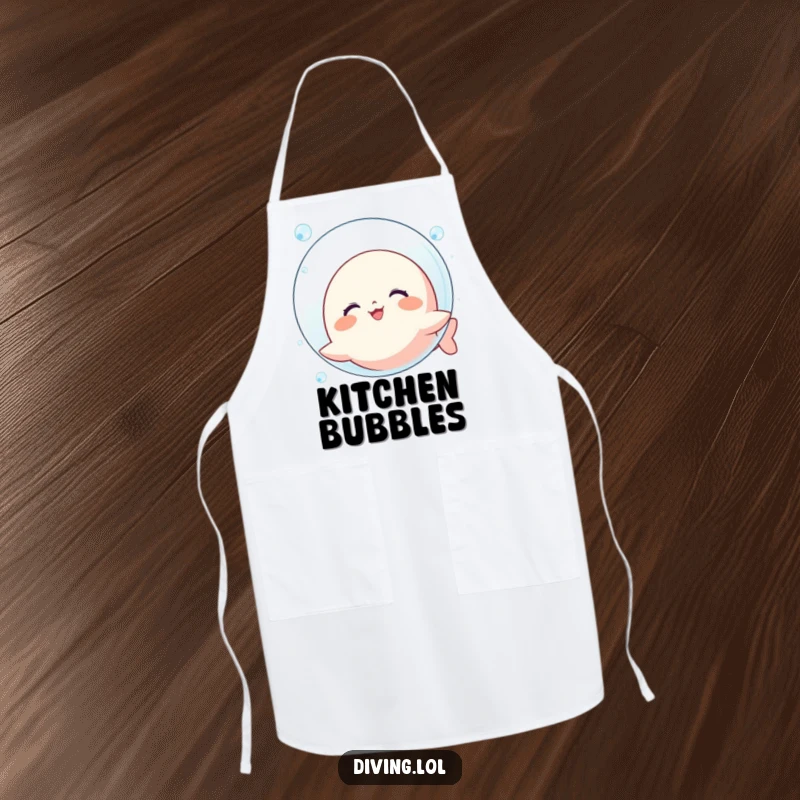 Funny Kawaii Bubble Apron: Character happily blowing a huge bubble underwater, a fun kitchen accessory.