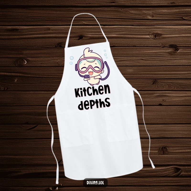 Funny apron of a kawaii character in scuba gear, giggling underwater, bringing playful vibes to the kitchen.