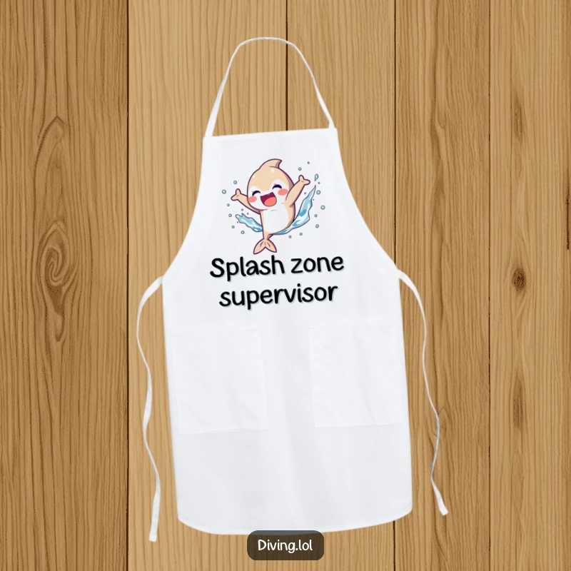 Funny Apron showing a character enthusiastically kicking fins, resulting in a joyful splash, perfect for a fun-loving chef.