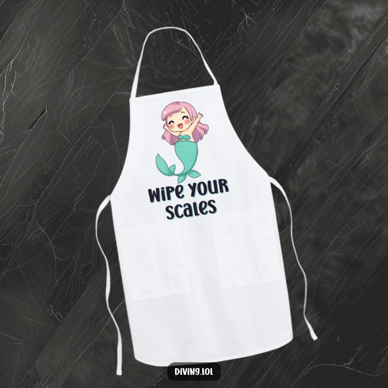 Funny Apron with a playful character joyfully kicking legs, pretending to be a mermaid, great for kitchen fun.
