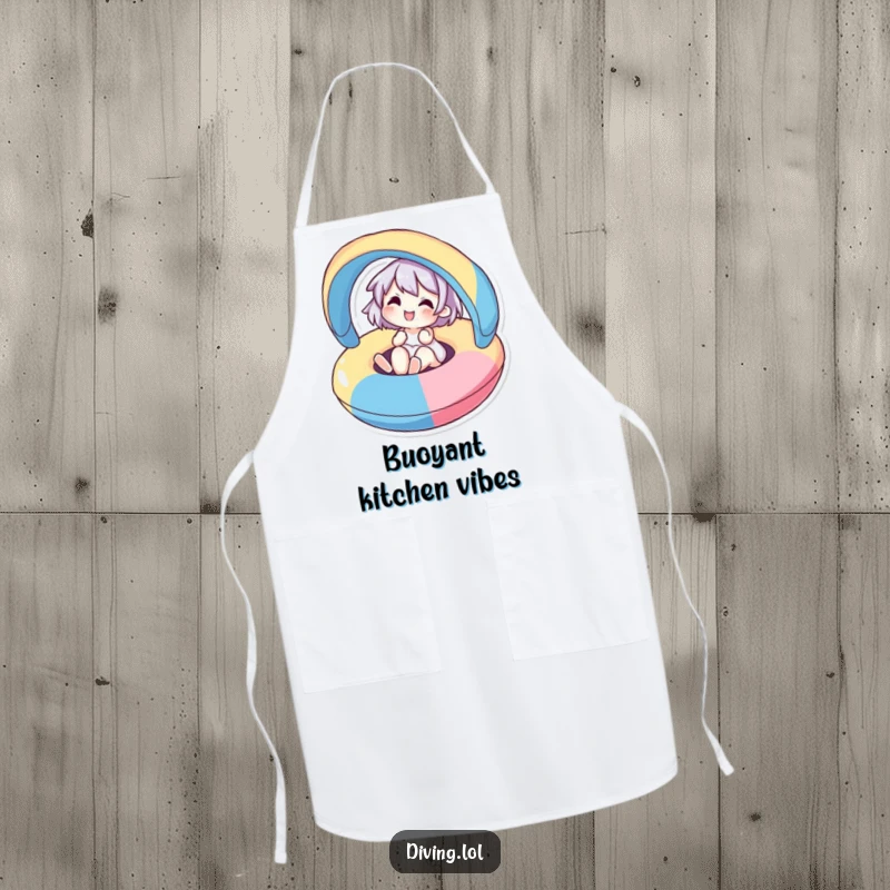 Funny apron showing a cute character joyfully floating on a colorful inflatable, perfect for poolside cooking and summer gatherings.