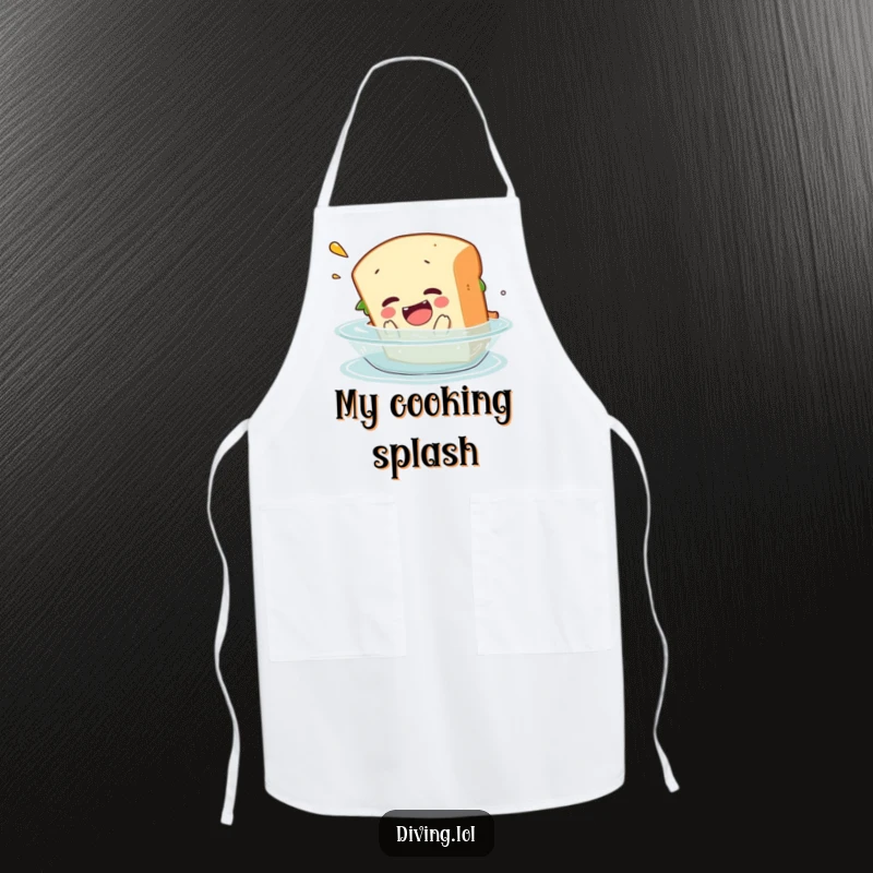Funny apron illustrating a sandwich character's comical belly flop into water, ideal for kitchen protection and humor.
