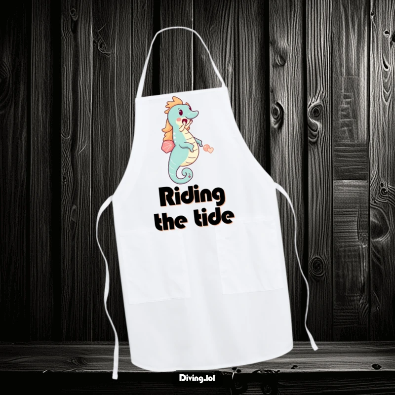 Funny apron featuring a small character joyfully riding a massive seahorse, making kitchen time fun and delightful.