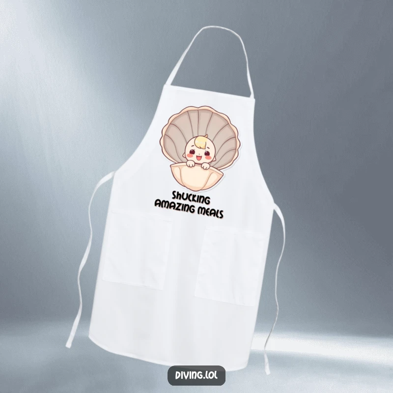 Funny apron with a whimsical character peeking from a seashell, smiling brightly, perfect for kitchen adventures.