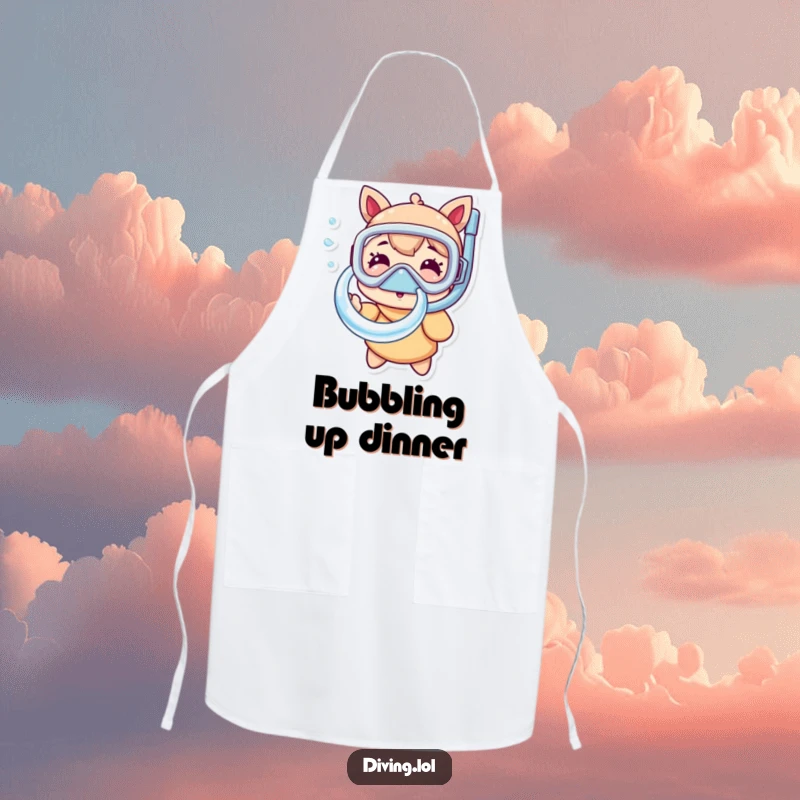 Funny snorkel mask apron showing a character playfully blowing a large bubble ring, ready to add fun and protection to any kitchen task.
