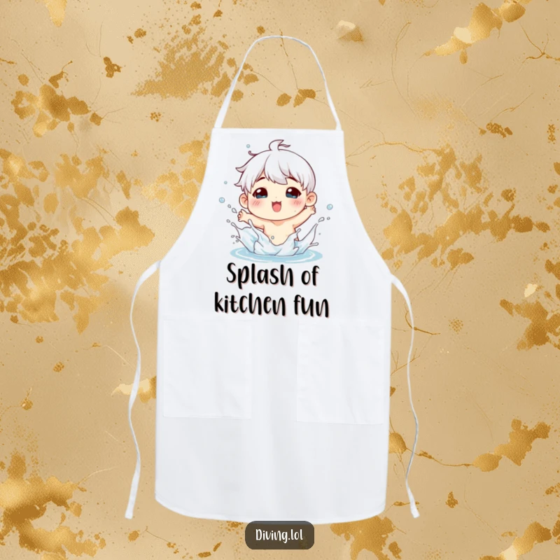 Funny apron showing a character playfully splashing water with a joyful expression, perfect for chefs and home cooks who enjoy fun.