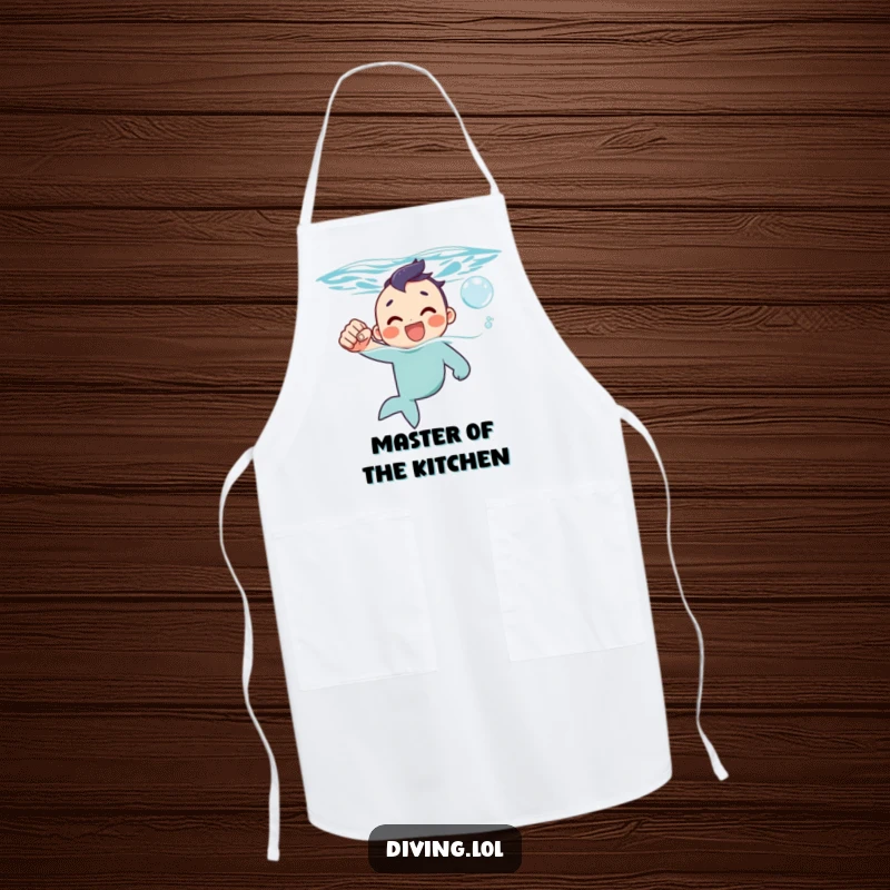 Funny apron featuring a character surfacing with a fist pump and a happy bubble, celebrating kitchen triumphs.