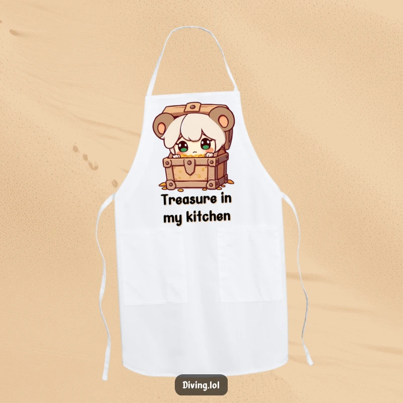 Funny apron showing a character discovering a treasure chest, eyes sparkling with surprise, a humorous and practical kitchen accessory.