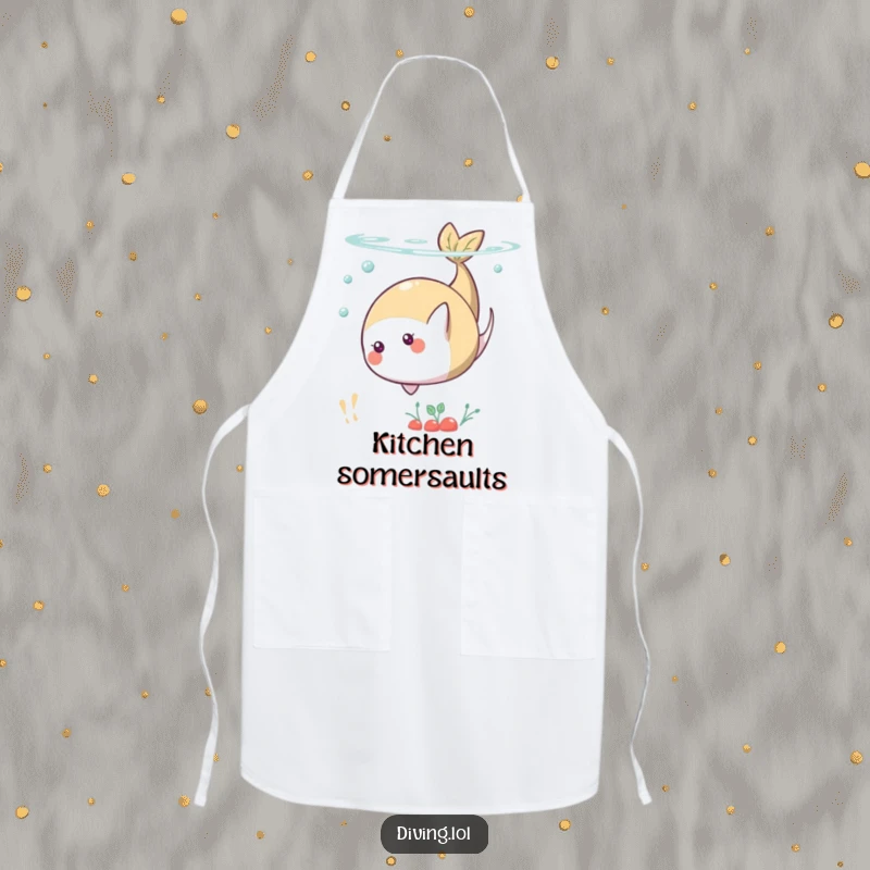 Funny apron showcasing a playful food character doing a somersault underwater, ideal for kitchen protection and humor.