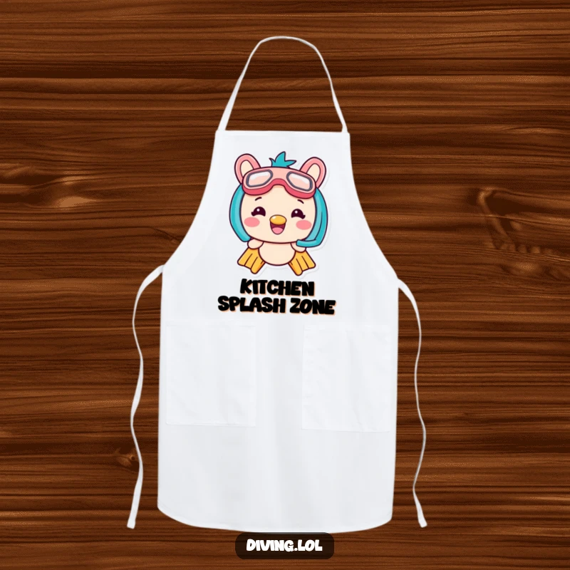 Funny Kawaii Flippers Apron showing a grinning character ready for underwater cooking, adding humor to kitchen tasks.