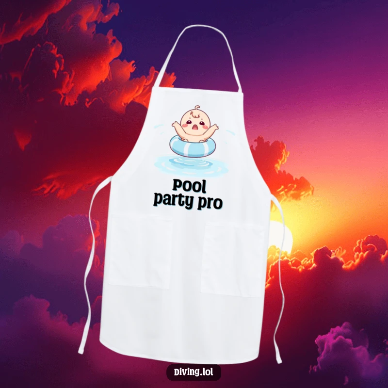 Funny apron featuring a chubby character with a surprised face, bouncing on a pool float, suggesting playful kitchen chaos and fun.