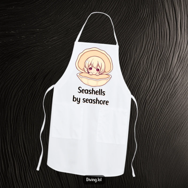 Funny apron featuring a curious character peering into a seashell, perfect for kitchen adventures and seaside feasts.
