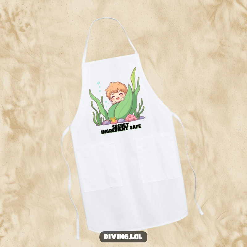 Funny character peeking from behind an underwater plant, ideal for chefs who love playful, humorous aquatic themes while cooking.
