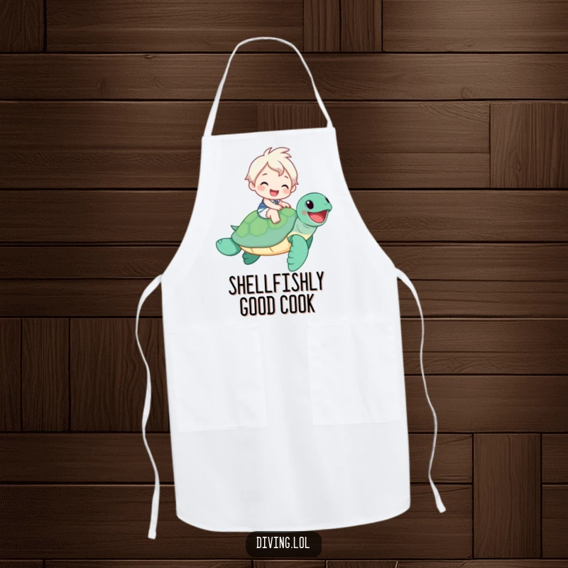 Funny Apron: Cheerful character riding a smiling sea turtle, perfect for kitchen fun and protecting clothes humorously.