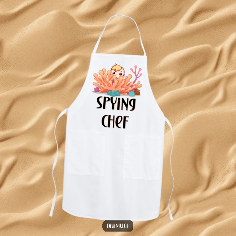 Funny Reef Peek-a-Boo Apron: Tiny character peeks from coral reef, curious eyes, a fun kitchen accessory.