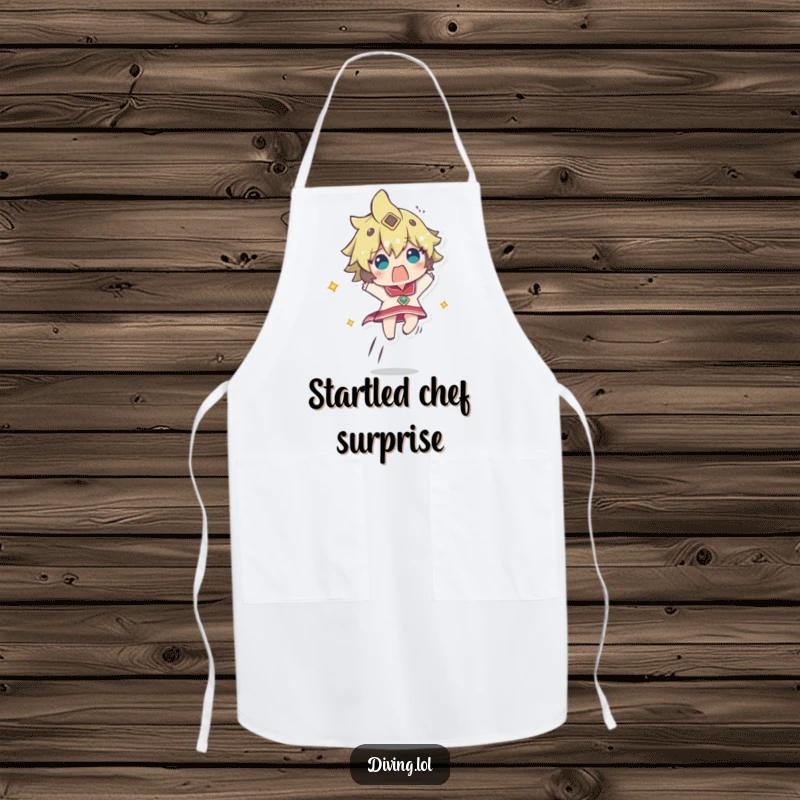 Funny apron showing a character ascending rapidly, looking comically startled, a hilarious and practical kitchen accessory.