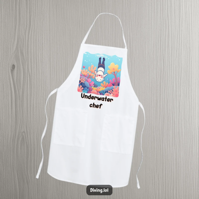 Funny underwater apron, depicting a character giggling upside down amongst colorful coral, ideal for kitchen use.