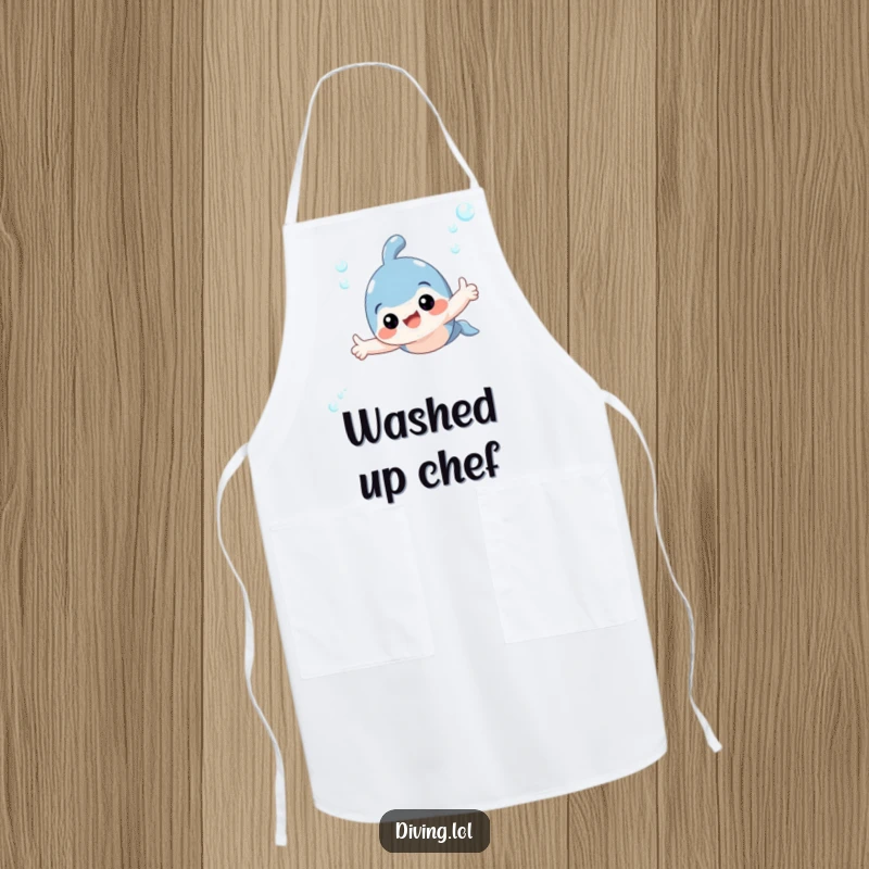 Funny apron depicting a cheerful character swimming underwater and giving a thumbs up, ideal for kitchen fun.