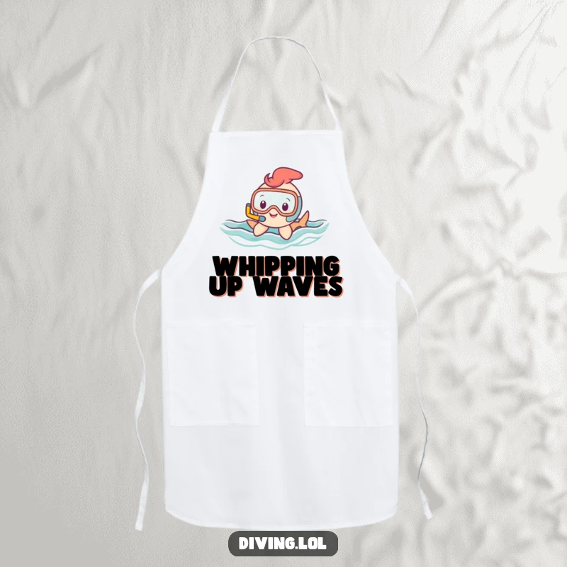 Funny apron with a small, happy character with a snorkel gracefully gliding through wavy water, ideal for a fun-loving cook.
