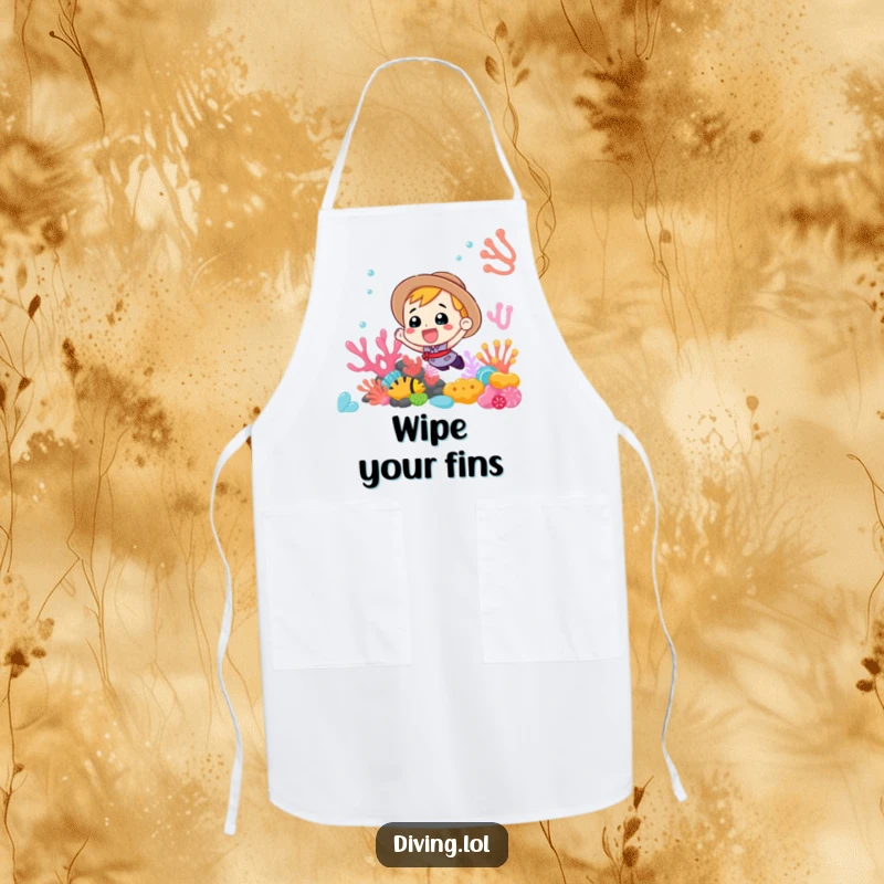 Funny Apron showing an enthusiastic diver exploring a colorful coral reef, perfect for cooks who love the ocean.