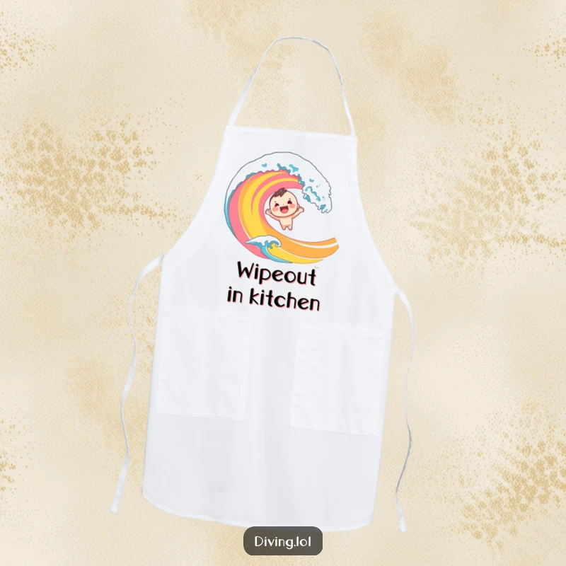 Funny apron depicting a cheerful character diving headfirst into a bright wave. Humorous kitchen wear for cooking enthusiasts.