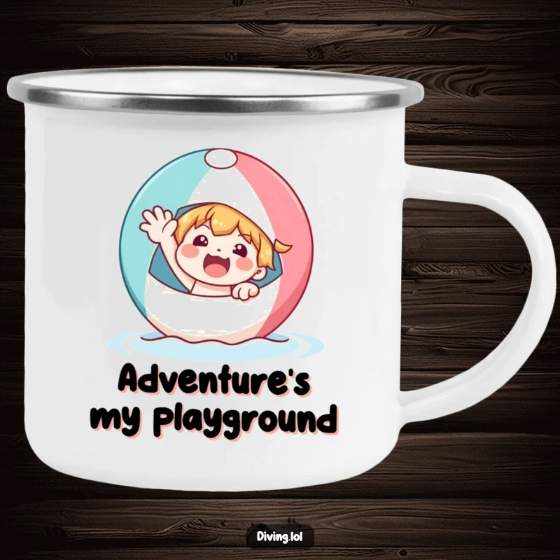 Funny character on a bobbing beach ball, waving enthusiastically, for enjoying beverages in the great outdoors with sunny, musical charm.