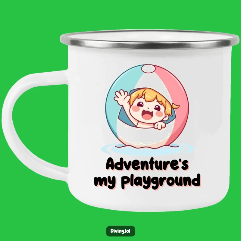 Funny Beach Ball Character Camping Mug: Adventure with Sunny Spirit!