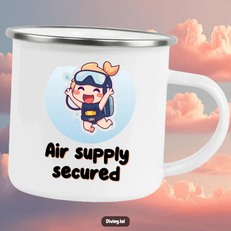 Funny Camping Mug showing a character laughing while dangling from a scuba tank, perfect for enjoying beverages outdoors.